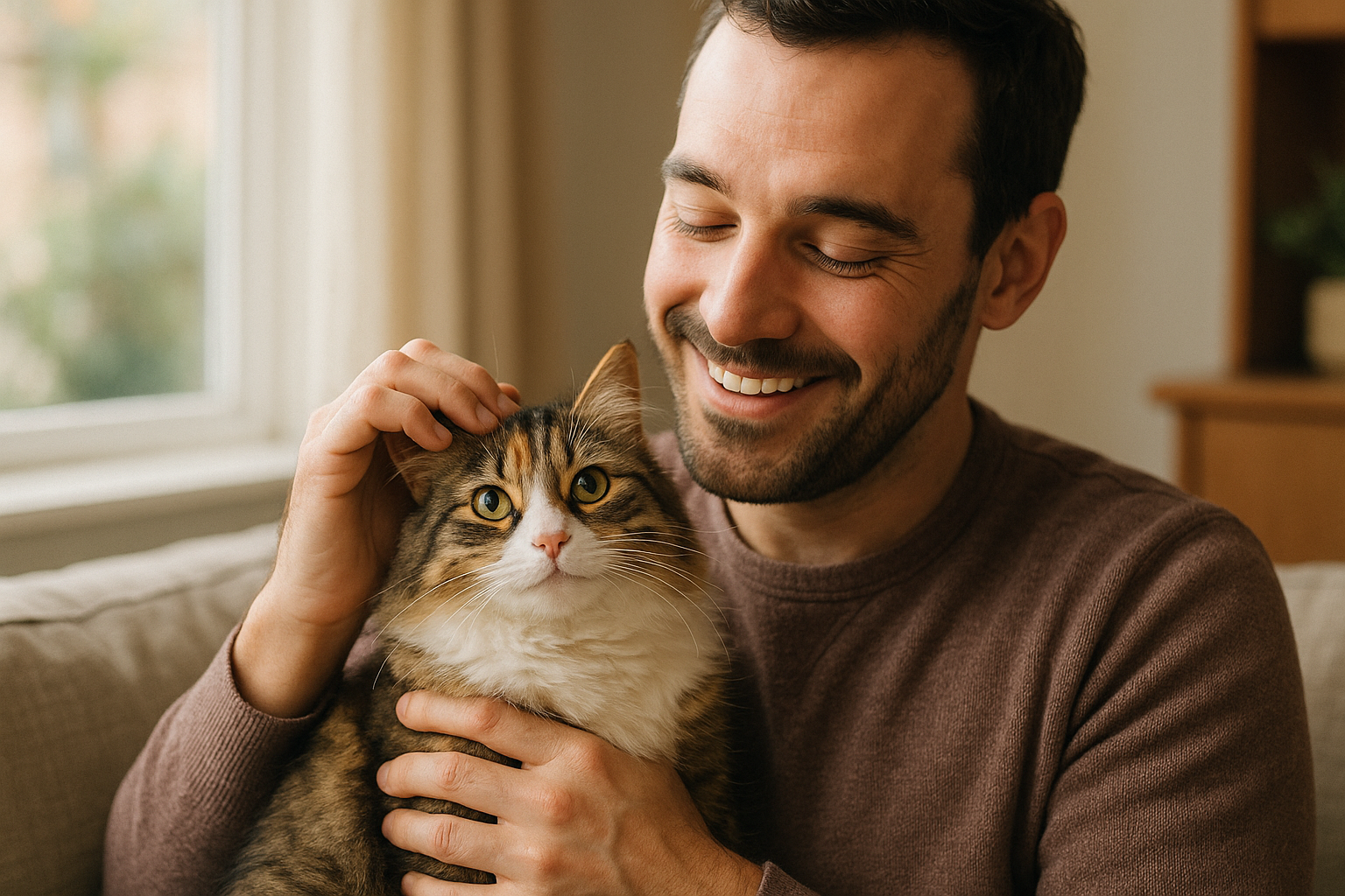generate a cat in with his male owner very cute